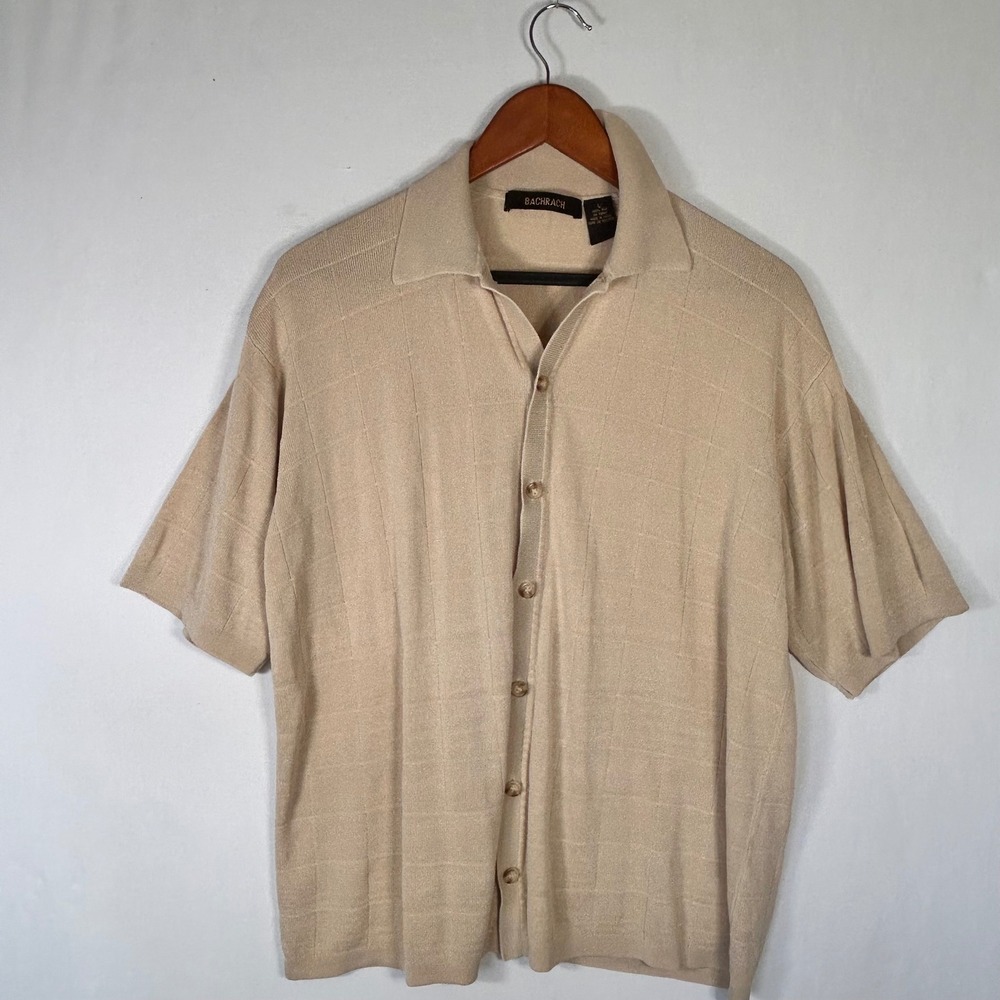 Bachrach Mens Large 100% Silk Knit Button Up Shirt Short Sleeve Beige Rockabilly